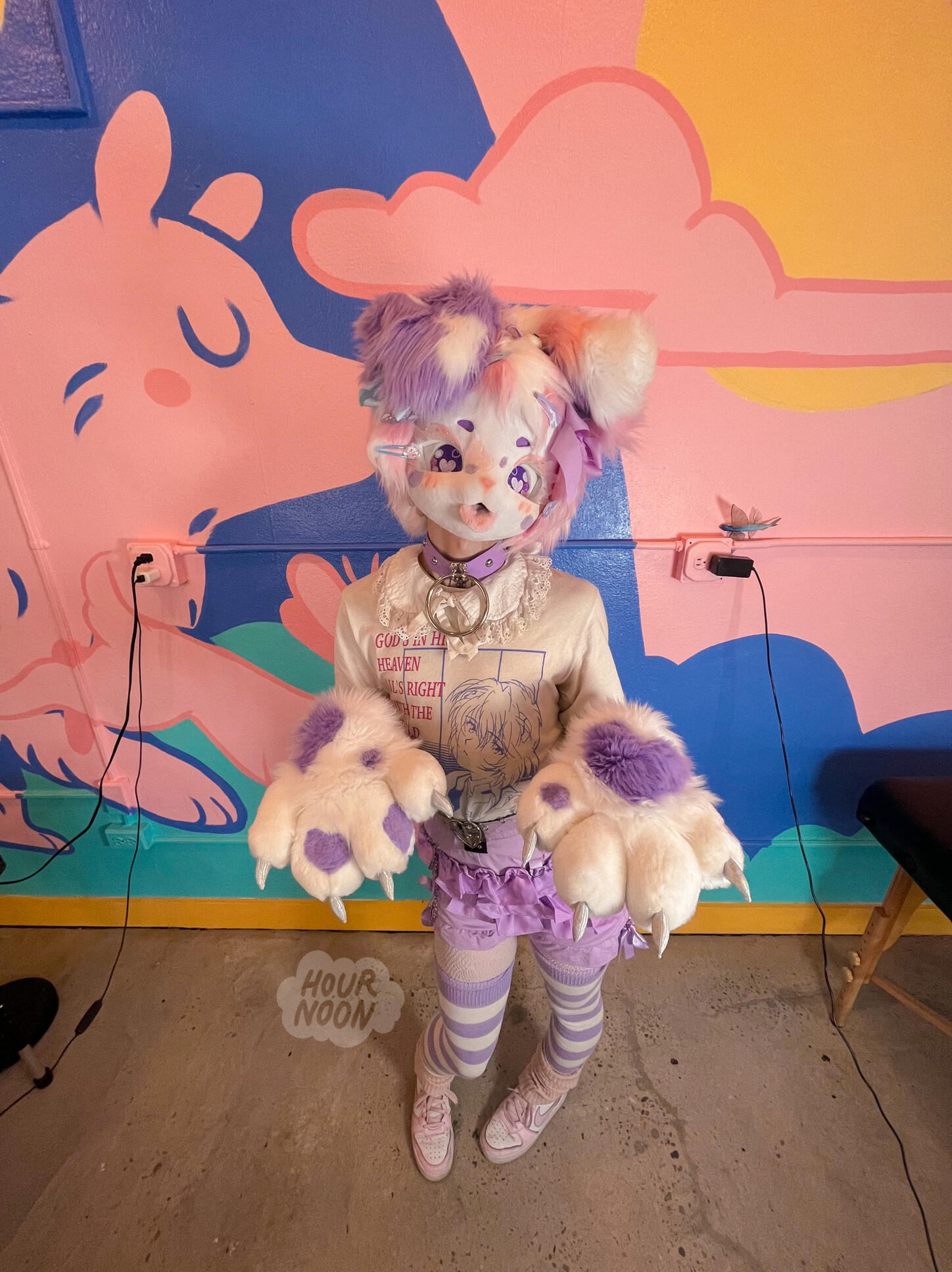 wink! pastel dalmatian, kig style mask. mochi paws, with custom spots and shiny claw fabric, heart shaped pawpads. wink has two-toned hair around the whole base of the head, handpainted eyes and facial features. also includes a tail (not pictured)