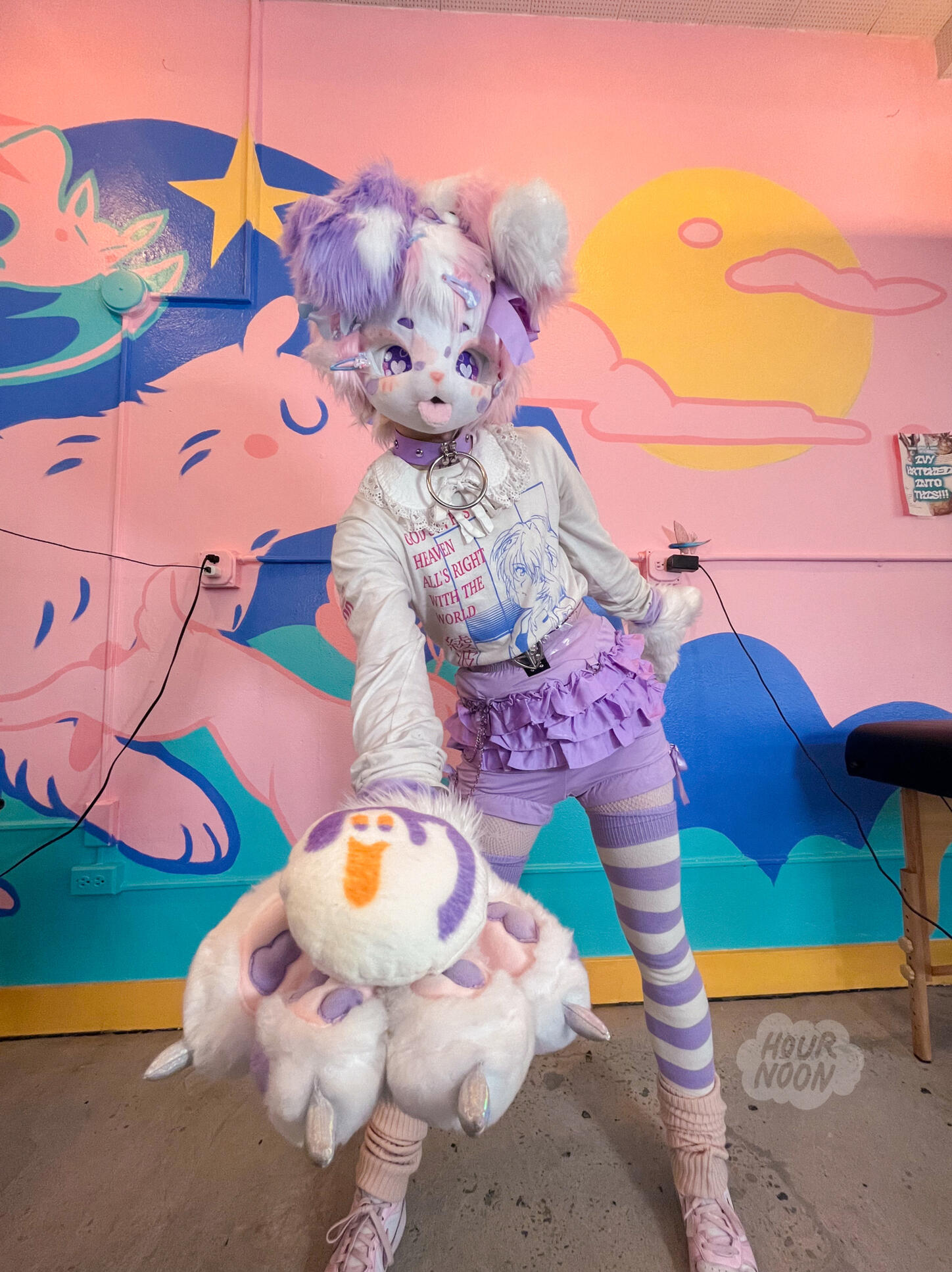 wink! pastel dalmatian, kig style mask. mochi paws, with custom spots and shiny claw fabric, heart shaped pawpads. wink has two-toned hair around the whole base of the head, handpainted eyes and facial features. also includes a tail (not pictured)